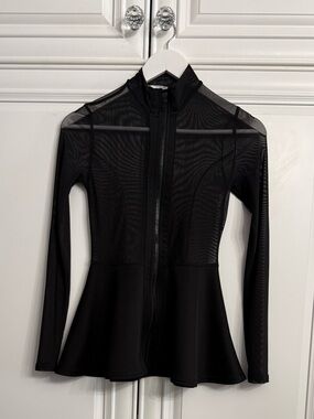Revamped Size Small Black Mesh Zip Front Sheer Long Sleeves Flared Peplum Waist